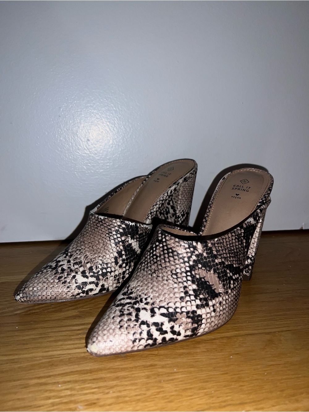 Call It Spring Pink and Black Snake-Print Pointed Mule Heels